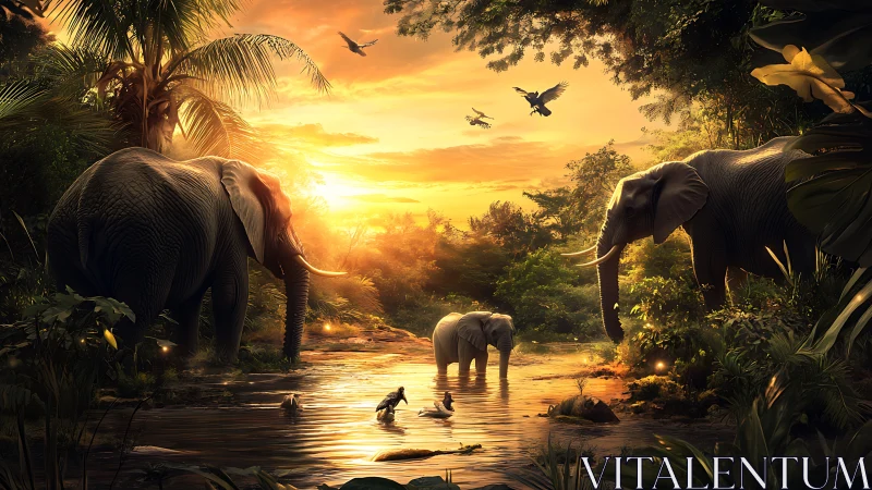 Elephants at golden sunset in lush jungle river scene.