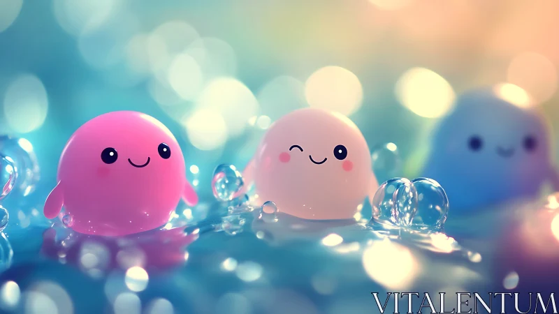 Cute jelly characters in glowing pastel water bokeh scene.