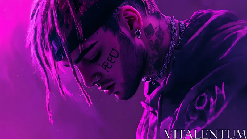 Digital portrait of tattooed rapper in neon purple glow.