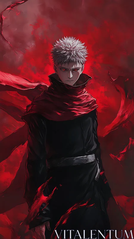 Stoic white‑haired anime figure in swirling red aura.