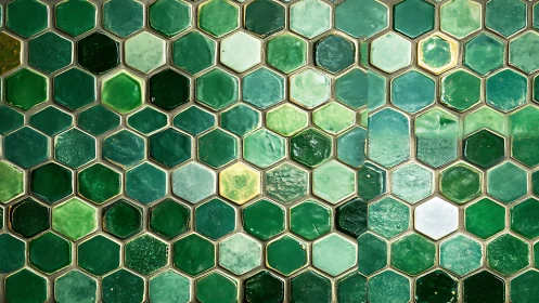 Emerald hexagon tile pattern with glossy ceramic texture.