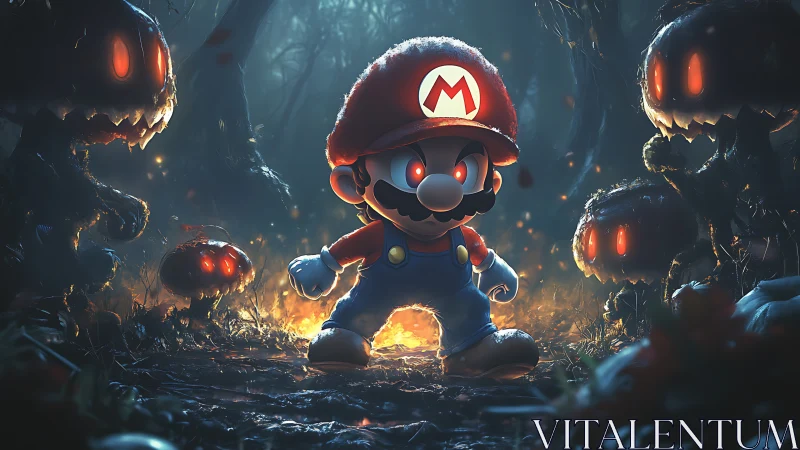 Cartoon plumber stands in dark forest amid glowing creatures