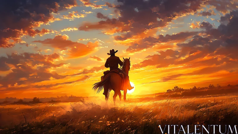 Sun-chasing cowboy rides into a wildfire prairie sky.