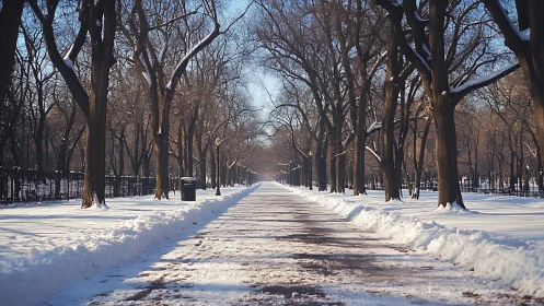 Snow lined park pathway with bare winter trees in rows.