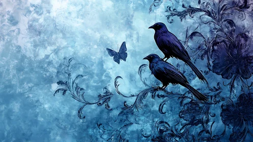 Dual ravens on ornate foliage observe butterfly against textured cyan