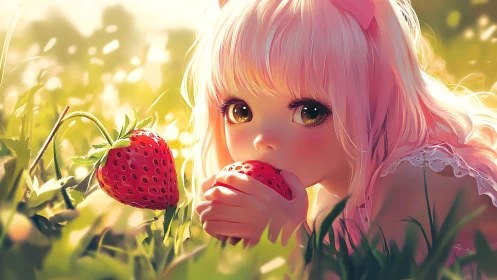 Anime girl with strawberry in golden summer meadow