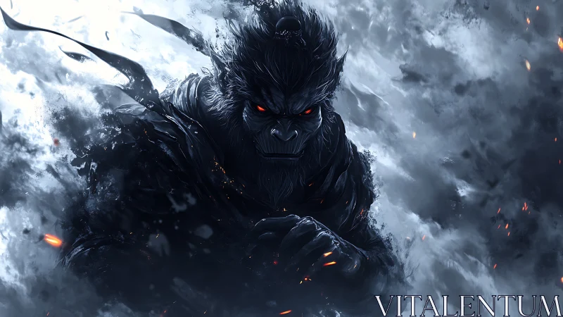 Demonic warrior emerges from stormcloud chaos in blue fire.