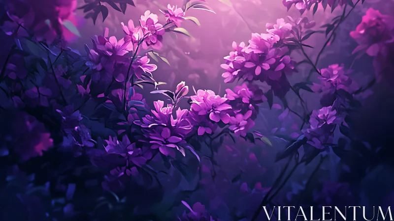 Purple flowering plants rendered against diffused light.