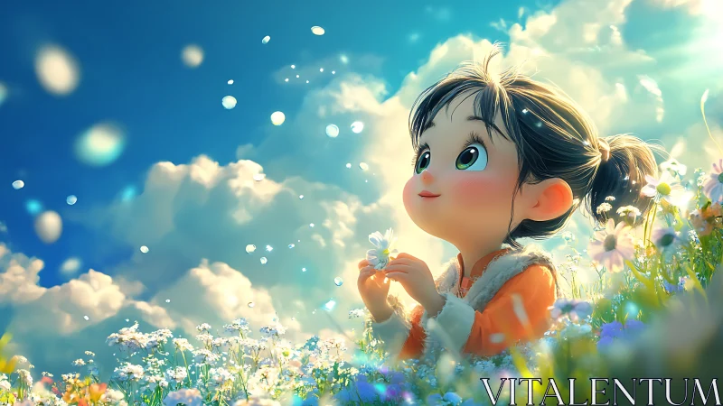 Anime child in glowing flower field under dreamy sky.