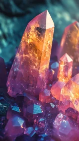 Volumetric-lit bicolor quartz crystal cluster in macro view