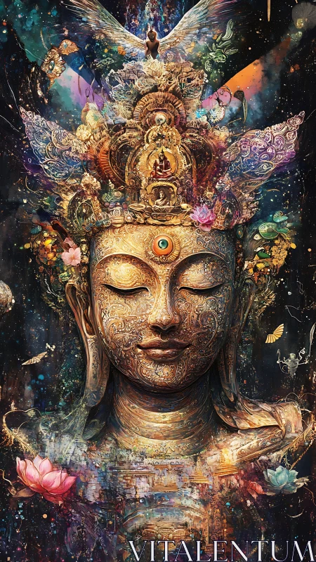 Celestial golden Buddha emerges in a cosmic lotus dreamscape