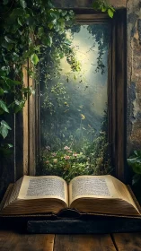 Open antique book lies before vertical portal into forest