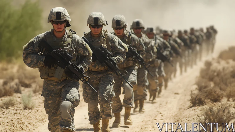 Military infantry unit patrolling dusty desert trail under heat.