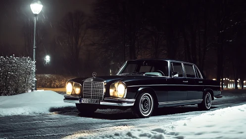 Elegant vintage sedan glows softly in a quiet snowy night