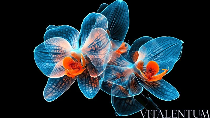 Glowing blue orchid duo with luminous tangerine hearts.
