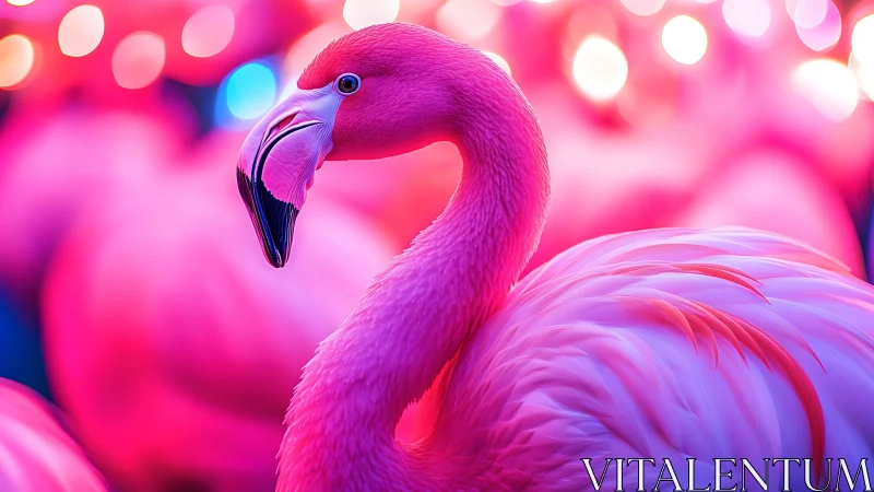 Neon pink flamingo stands in glowing defocused bokeh lights
