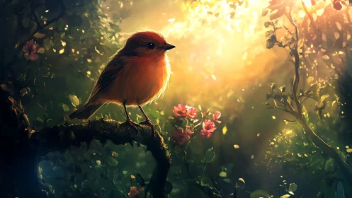 Small bird on mossy branch in magical sunlit forest, digital art.