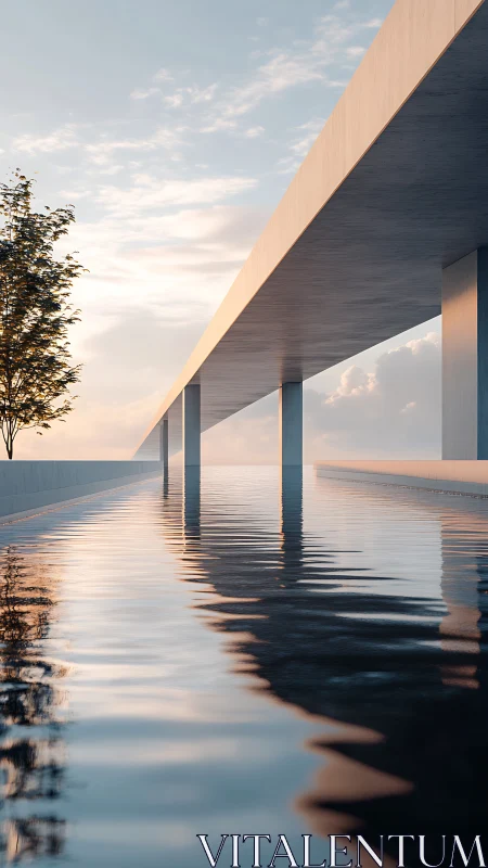 Serene minimalist pool mirrors a sunrise-lit concrete walkway