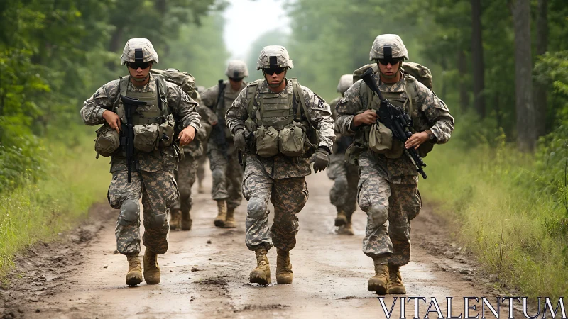 Soldiers conduct tactical march through forest trail.