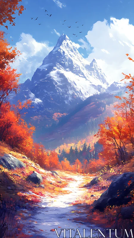Snow peak above bright autumn valley path scene.