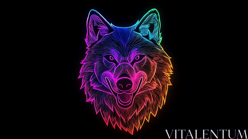 Neon wolf portrait glows with radiant rainbow linework.