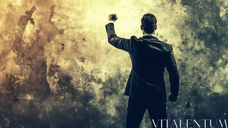 Confident professional raising a determined fist to the light.