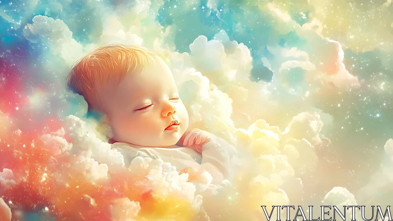 Sleeping baby in soft clouds with pastel dreamy sky.