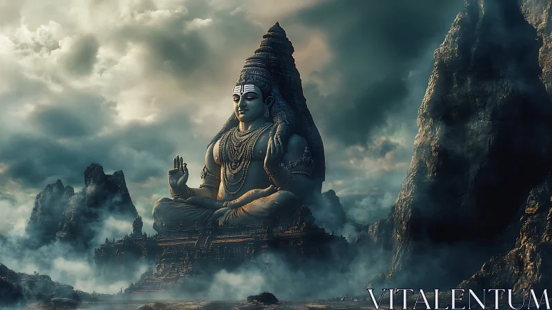 Colossal Shiva statue seated among misty mountain cliffs.