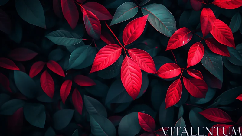 Velvety red leaves glowing softly against deep teal shade.