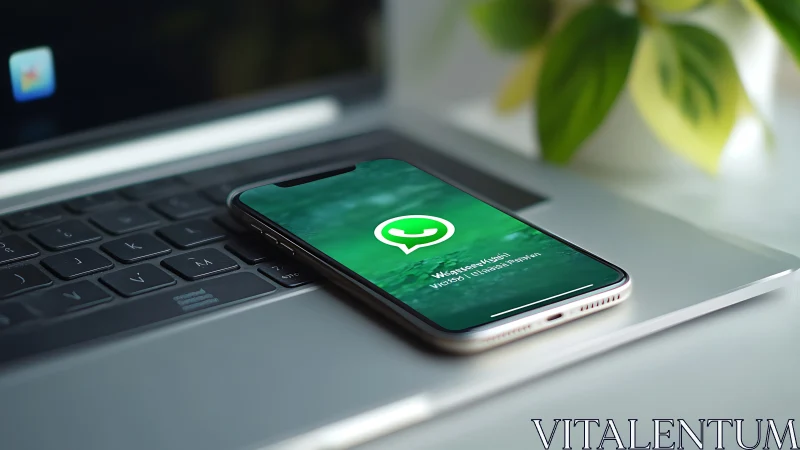 Smartphone running WhatsApp resting on laptop keyboard surface.