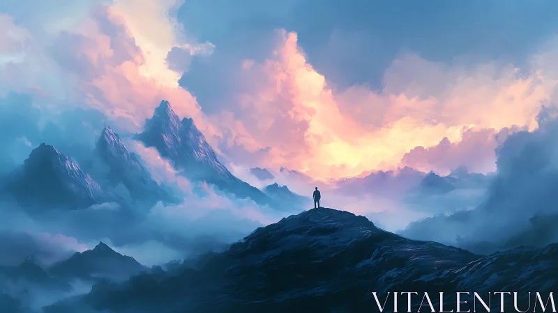 Lone dreamer greeting sunrise over misty blue peaks.