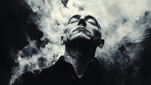 Monochrome male portrait dissolving into abstract vapor field
