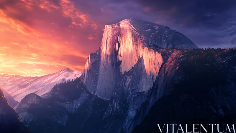 Sunlit granite peak glowing in a tender mountain sunset.