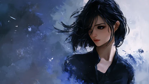 Dark haired woman in moody blue digital portrait art.