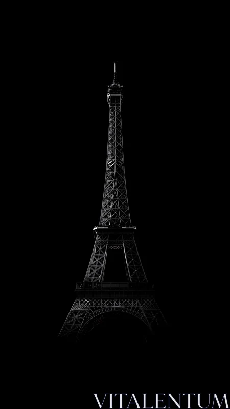 Noir silhouette of Eiffel Tower in stark negative space.