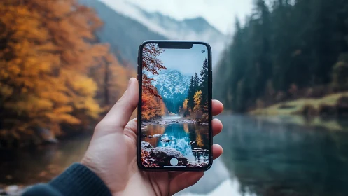 Phone-framed alpine river mirrors autumn’s burning forests.