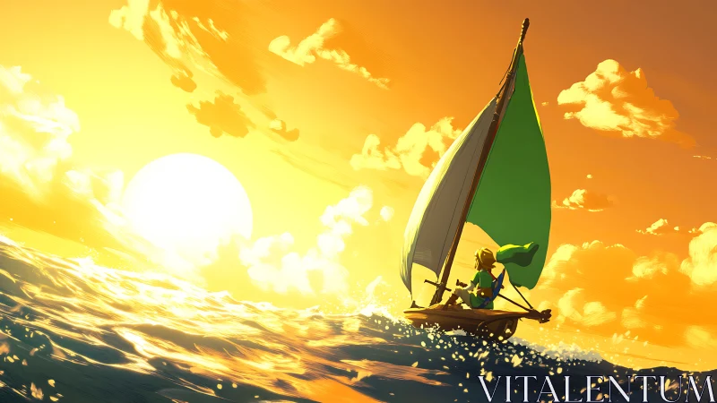 Cartoon sailor steers small sailboat across glowing sunset sea