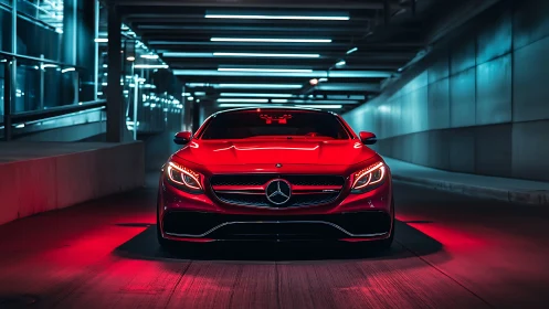 Red Mercedes coupe under neon tunnel lighting at night.