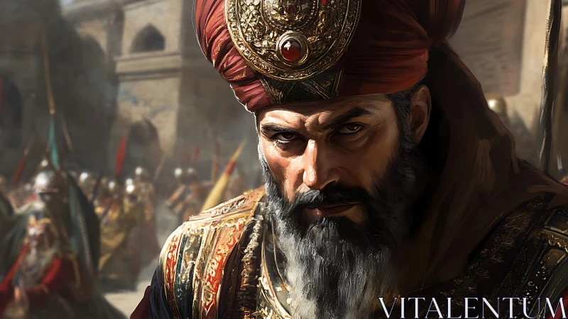 Regal commander in ornate turban rendered with high-detail lighting