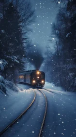 Winter night train winding through a quiet snowy forest.