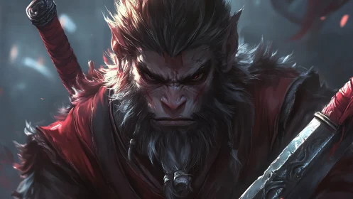 Ferocious warrior monkey with twin swords in dark mist