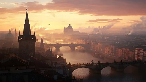 Historic river cityscape with bridges at hazy sunrise.
