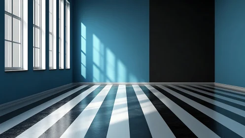 Striped sunlit chamber where shadows play geometry games.