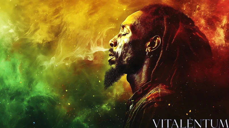 Soulful man in colorful smoke savors a quiet, glowing moment