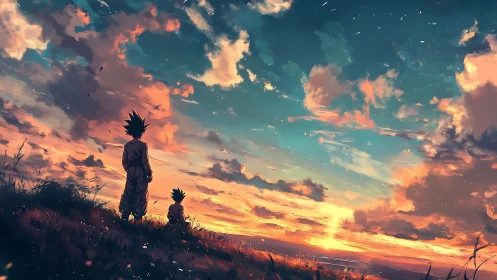 Sunset warriors pausing on a glowing horizon of wonder.