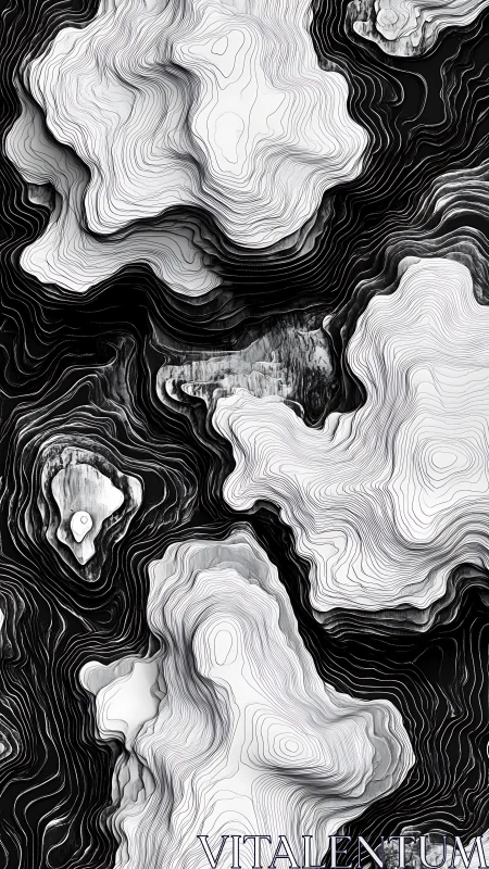 Monochrome topographic contour islands form layered abstract relief