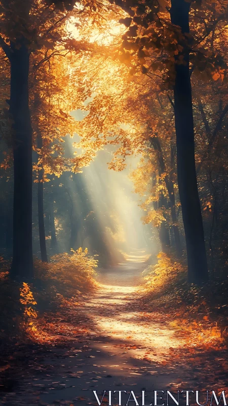 Golden forest pathway illuminated by autumn sunlight