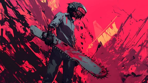Chainsaw warrior stands amid neon blood-splattered chaos.