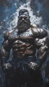 Hyper-muscular bearded man stands centered against abstract wall