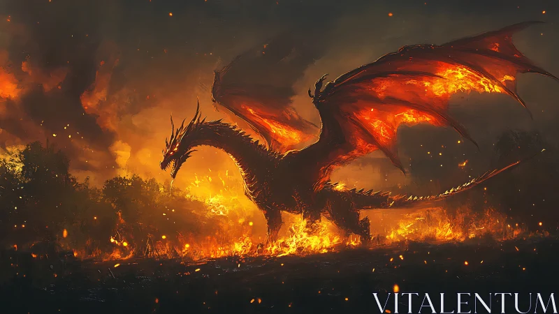 Firelit dragon strides through a blazing twilight landscape.